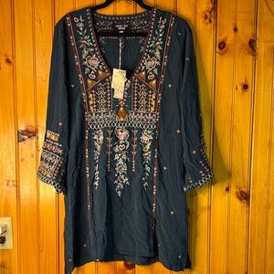 Johnny Was Navy Floral Embroidered Boho Tunic